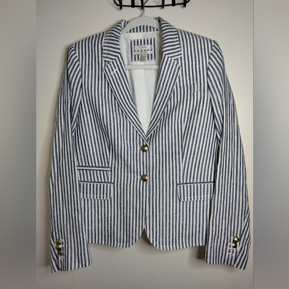 J. Crew (Size 12) Blue & White Linen Classic Striped Schoolboy Blazer (Like New) - Picture 13 of 16